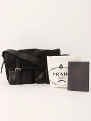 Nylon and leather combination logo plate shoulder bag in black