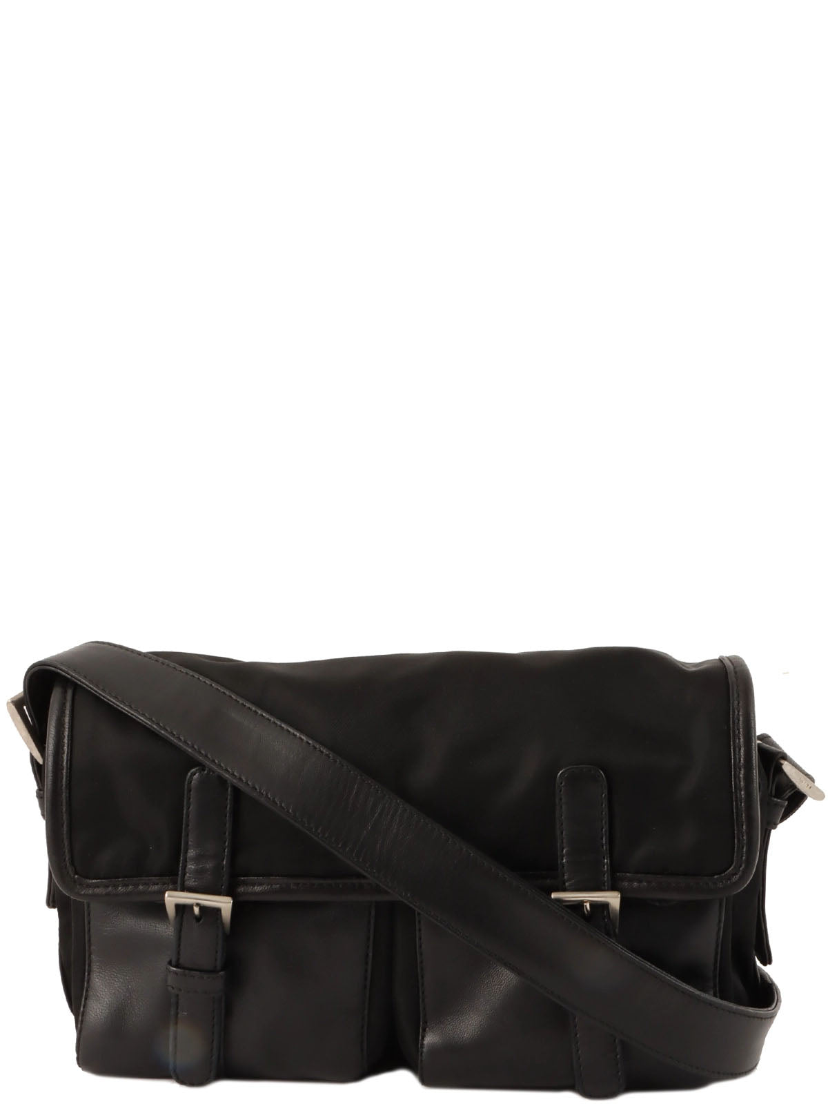 Nylon and leather combination logo plate shoulder bag in black