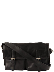 Nylon and leather combination logo plate shoulder bag in black