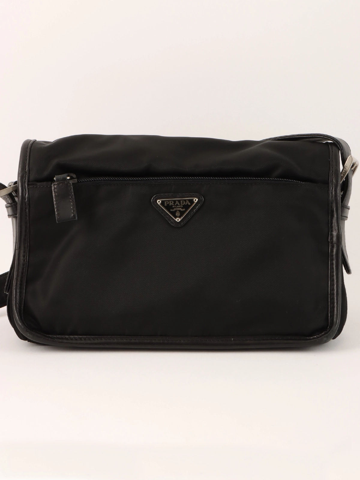 尼龙皮革拼接标志标牌肩背包 黑色