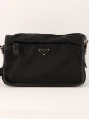 尼龙皮革拼接标志标牌肩背包 黑色