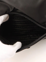 Nylon and leather combination logo plate shoulder bag in black