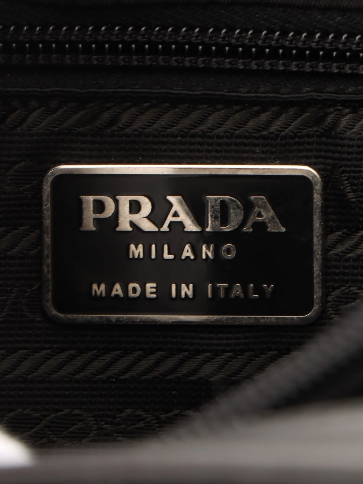 Nylon and leather combination logo plate shoulder bag in black