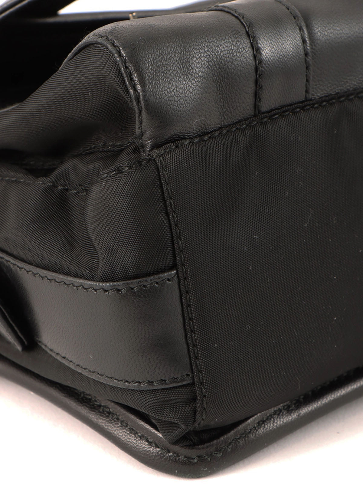 Nylon and leather combination logo plate shoulder bag in black