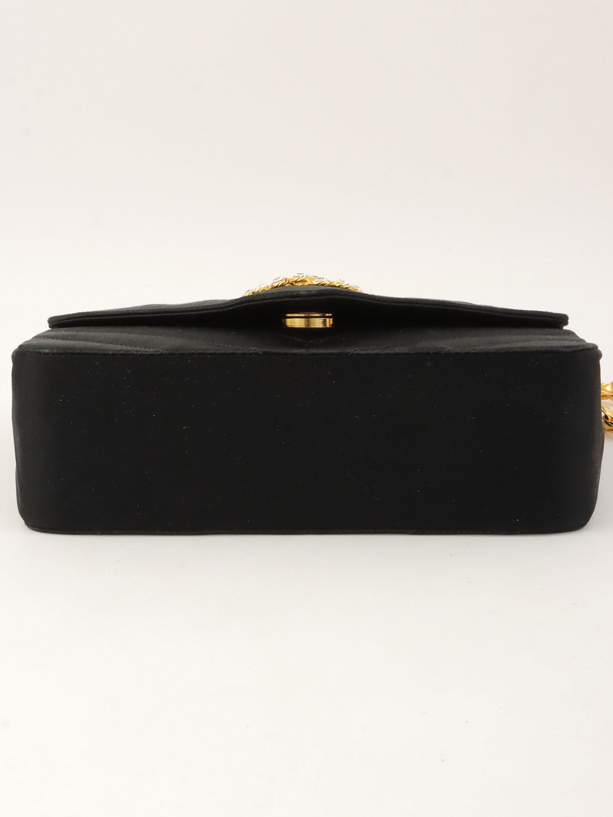 Around 1992 Made Satin V-Stitch Rhinestone CC Mark Chain Shoulder Bag Black