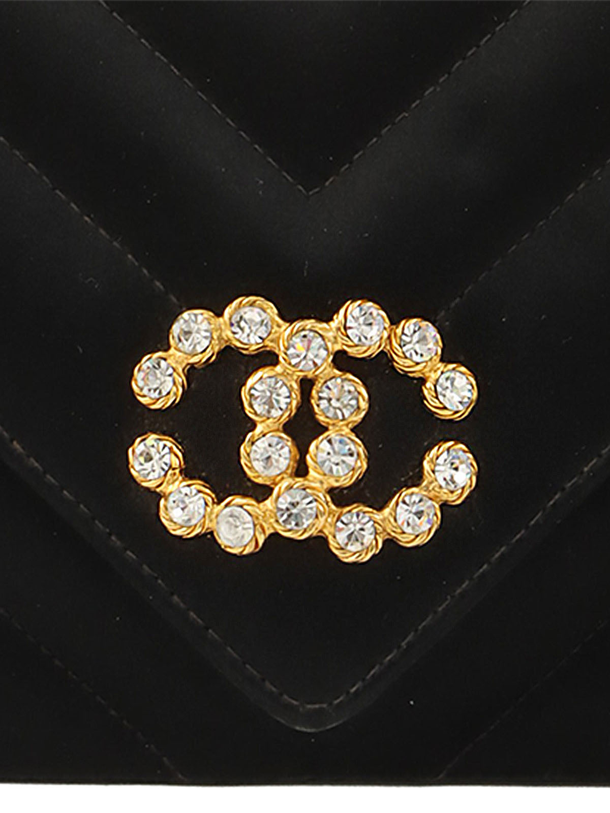 Around 1992 Made Satin V-Stitch Rhinestone CC Mark Chain Shoulder Bag Black