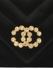 Around 1992 Made Satin V-Stitch Rhinestone CC Mark Chain Shoulder Bag Black