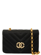 Around 1992 Made Satin V-Stitch Rhinestone CC Mark Chain Shoulder Bag Black