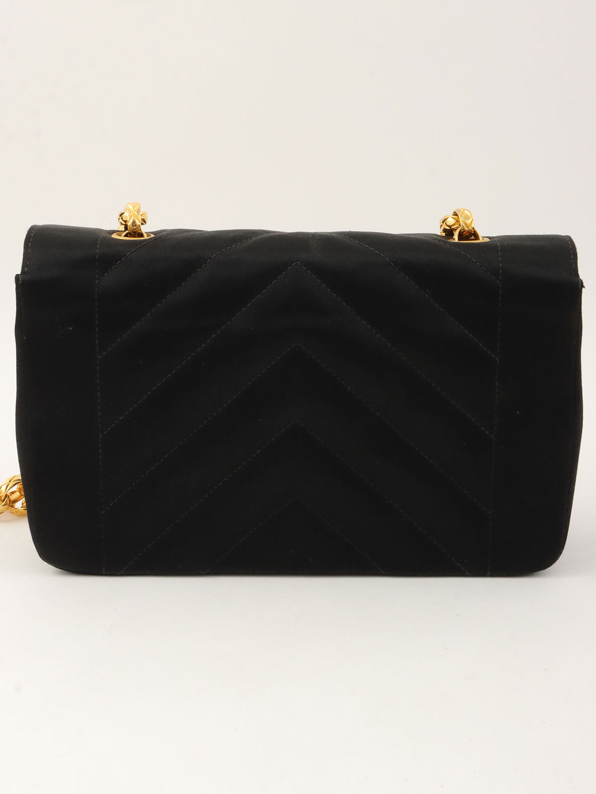 Around 1992 Made Satin V-Stitch Rhinestone CC Mark Chain Shoulder Bag Black