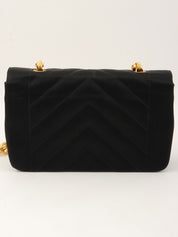 Around 1992 Made Satin V-Stitch Rhinestone CC Mark Chain Shoulder Bag Black