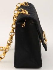 Around 1992 Made Satin V-Stitch Rhinestone CC Mark Chain Shoulder Bag Black