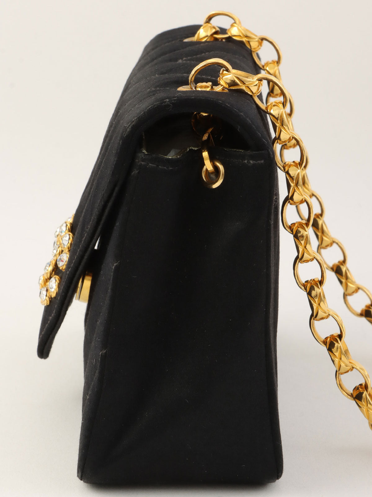 Around 1992 Made Satin V-Stitch Rhinestone CC Mark Chain Shoulder Bag Black