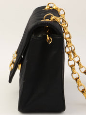 Around 1992 Made Satin V-Stitch Rhinestone CC Mark Chain Shoulder Bag Black