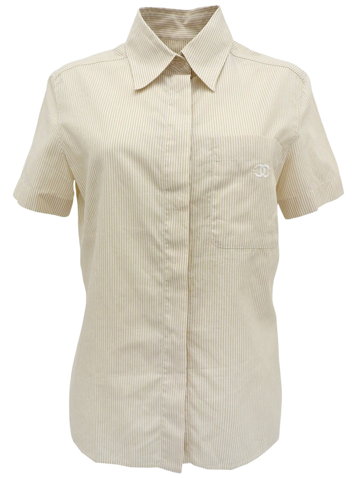 1999年製 ストライプパターンCCマーク刺繍半袖シャツ ベージュ/ホワイト
