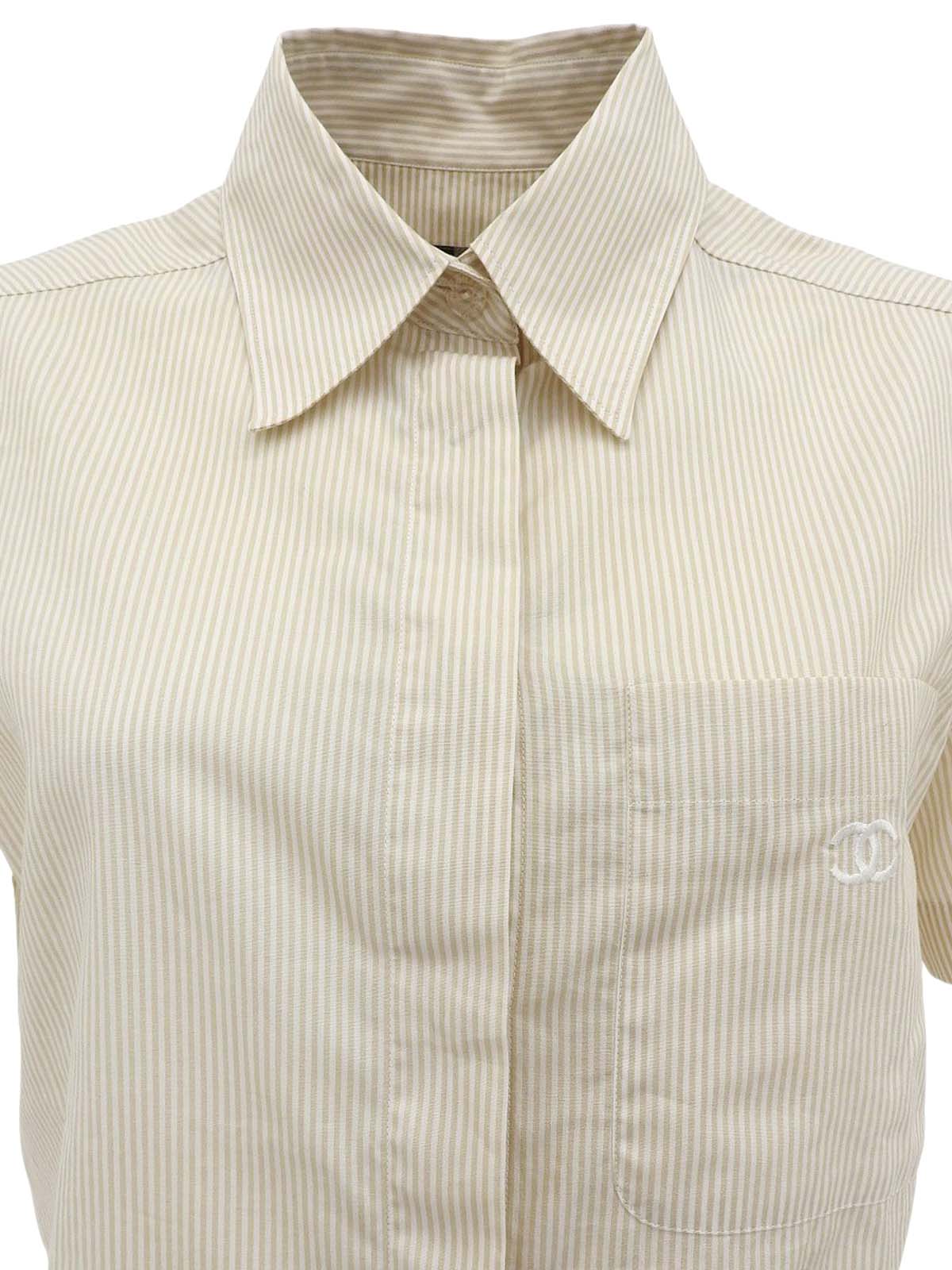 1999年製 ストライプパターンCCマーク刺繍半袖シャツ ベージュ/ホワイト