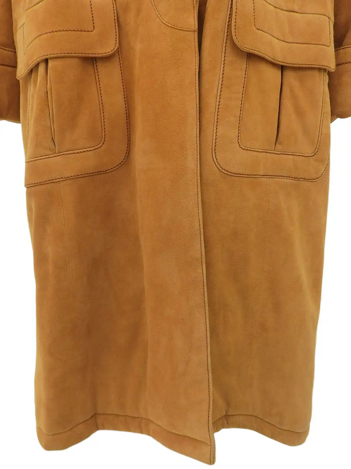Suede Logo Button Long Coat in Camel