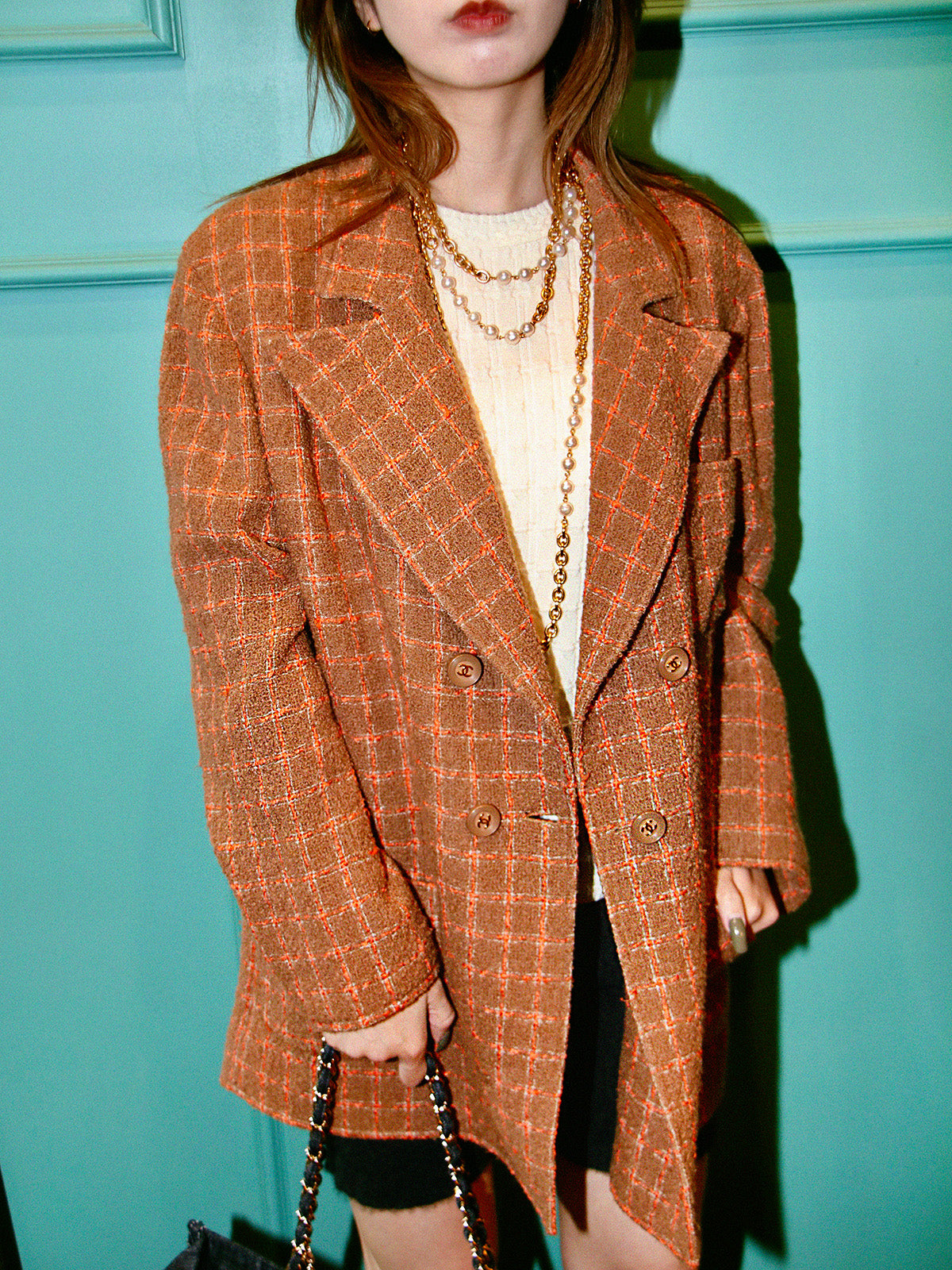 1995 Check Pattern CC Mark Button Jacket Brown/Orange