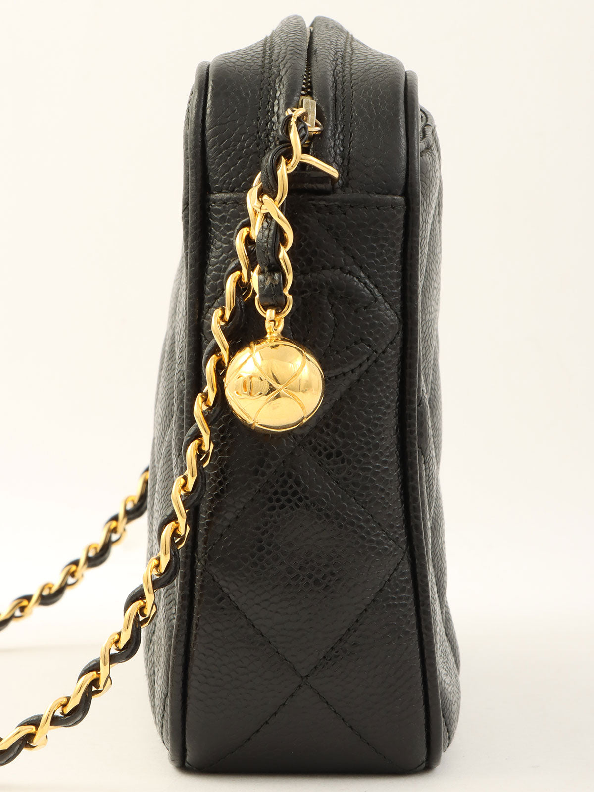 1992年頃製 キャビアスキンCCマークボールチャームチェーンショルダーバッグ ブラック