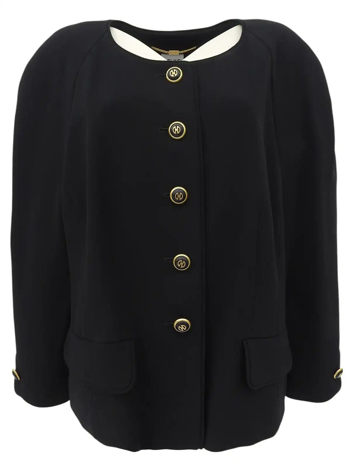 Wool design button collarless jacket in black
