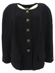Wool design button collarless jacket in black