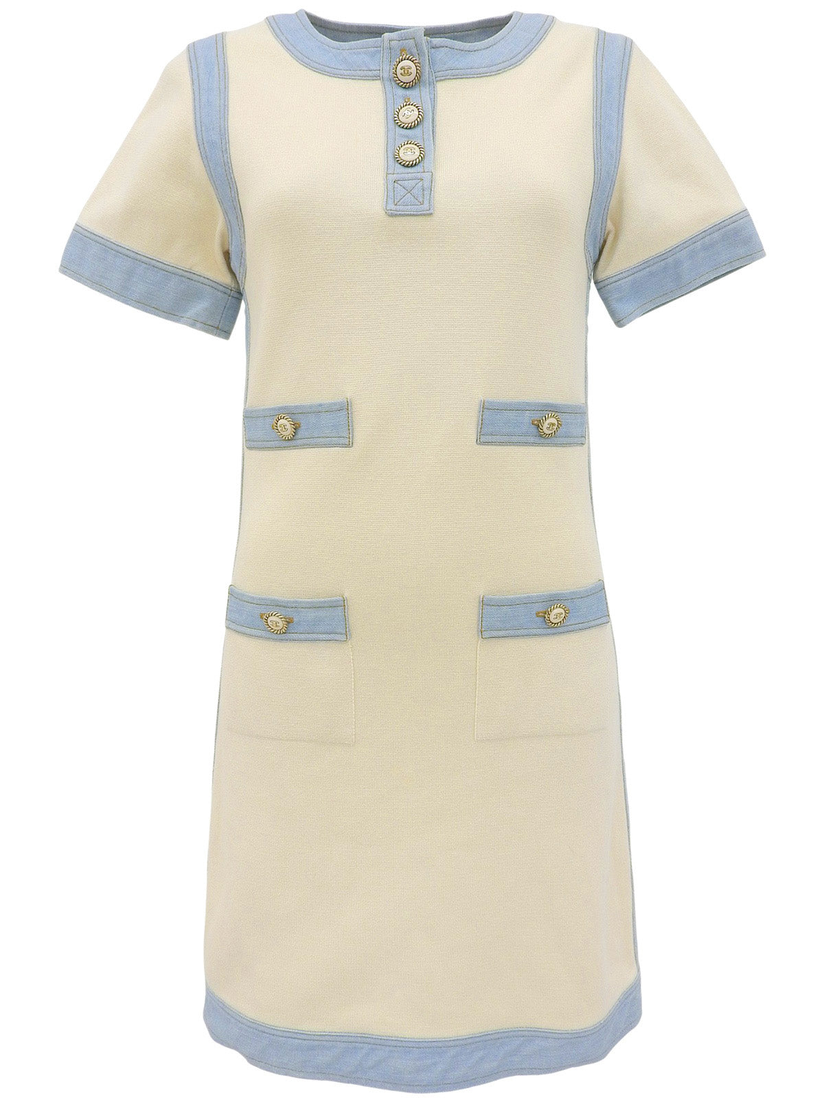 デニムコンビCCマークボタンハーフスリーブワンピース アイボリー/ライトブルー