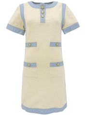 デニムコンビCCマークボタンハーフスリーブワンピース アイボリー/ライトブルー