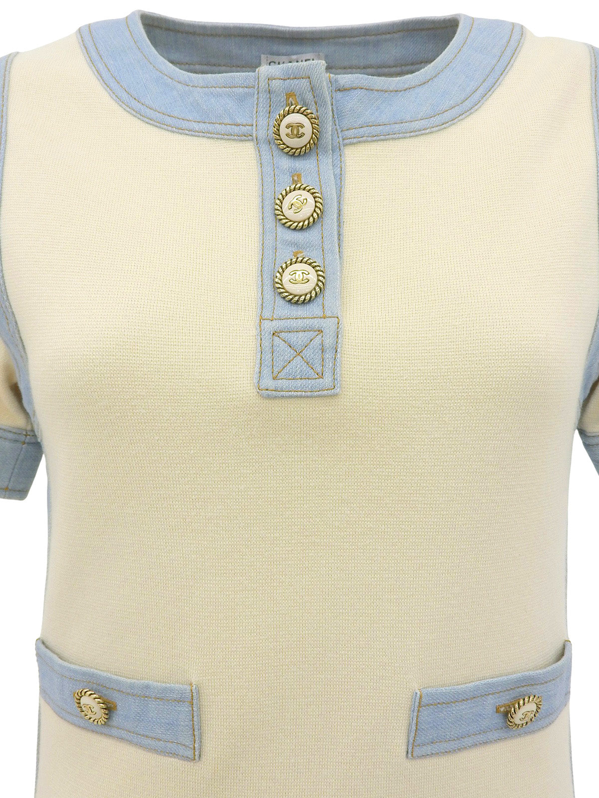 デニムコンビCCマークボタンハーフスリーブワンピース アイボリー/ライトブルー