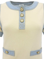 デニムコンビCCマークボタンハーフスリーブワンピース アイボリー/ライトブルー