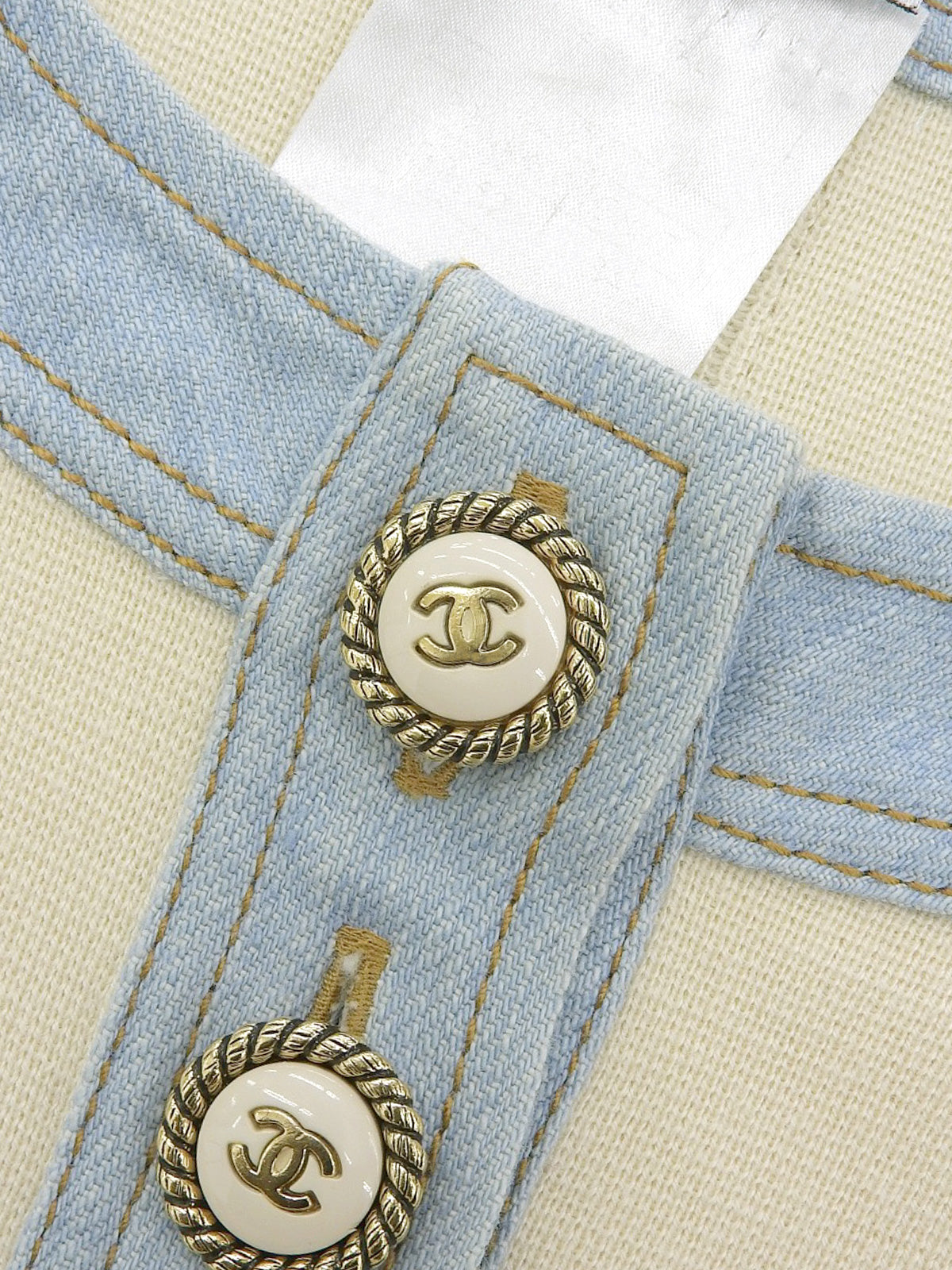 デニムコンビCCマークボタンハーフスリーブワンピース アイボリー/ライトブルー