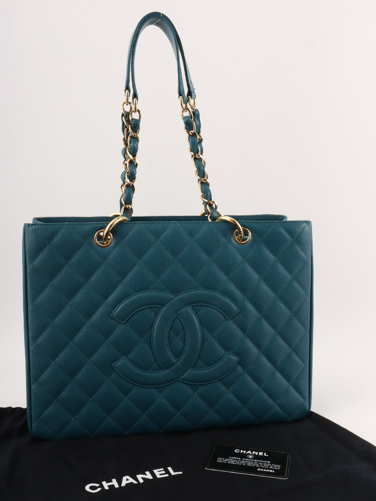 2004 Caviar Skin CC Mark Stitch Chain Tote Bag in Indigo Blue