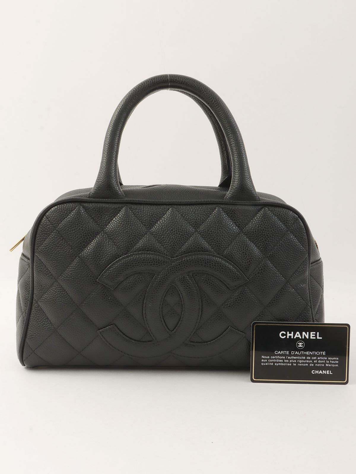 2003 Caviar Skin CC Mark Stitch Mini Boston Bag in Black