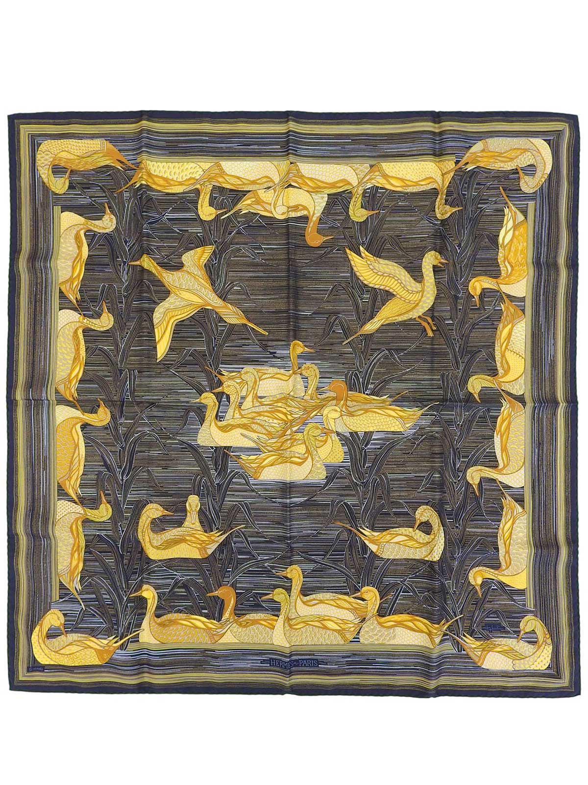 カレ90 La Mareaux Canardsパターンスカーフ ブラック/マルチ