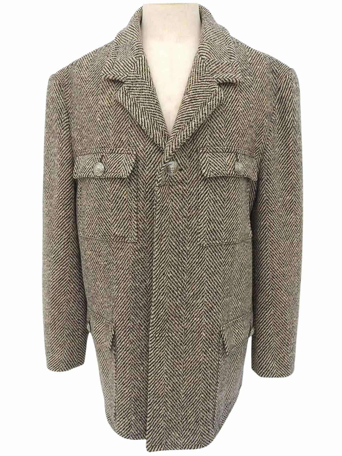 Herringbone Pattern Medusa Button Coat in Beige/Brown