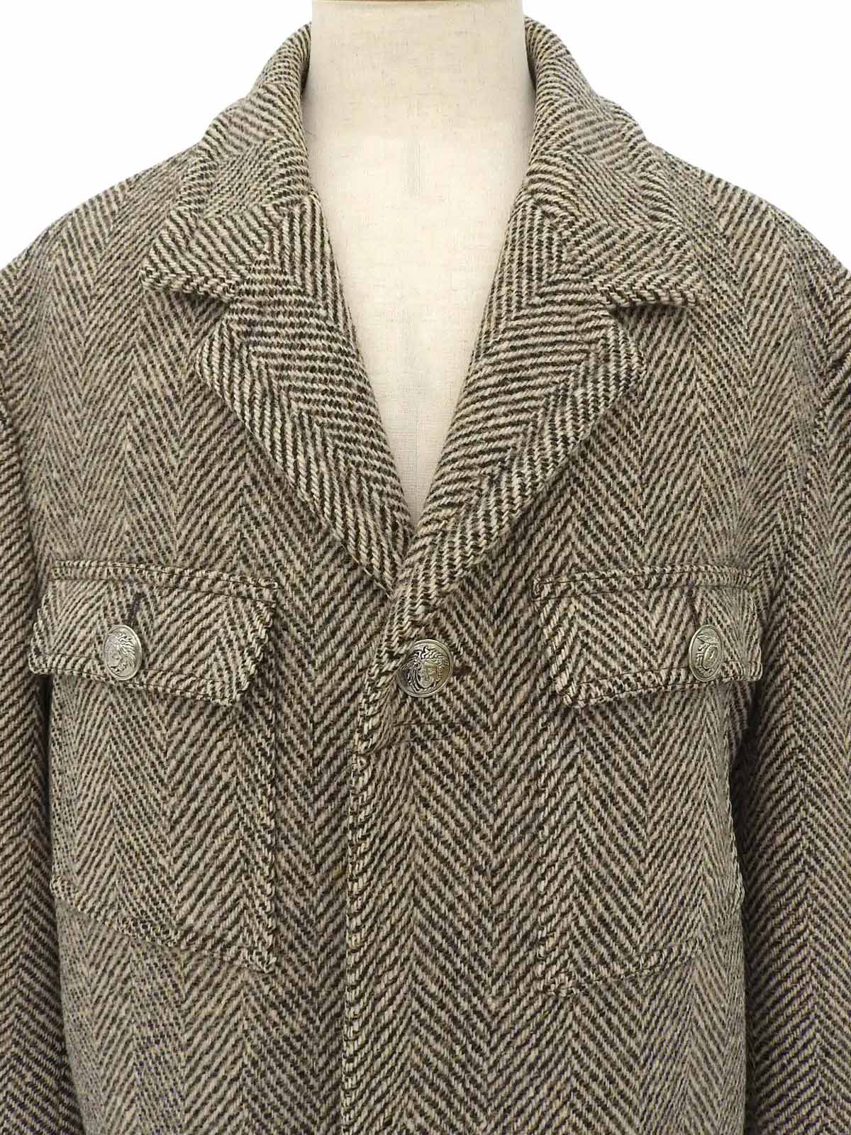 Herringbone Pattern Medusa Button Coat in Beige/Brown