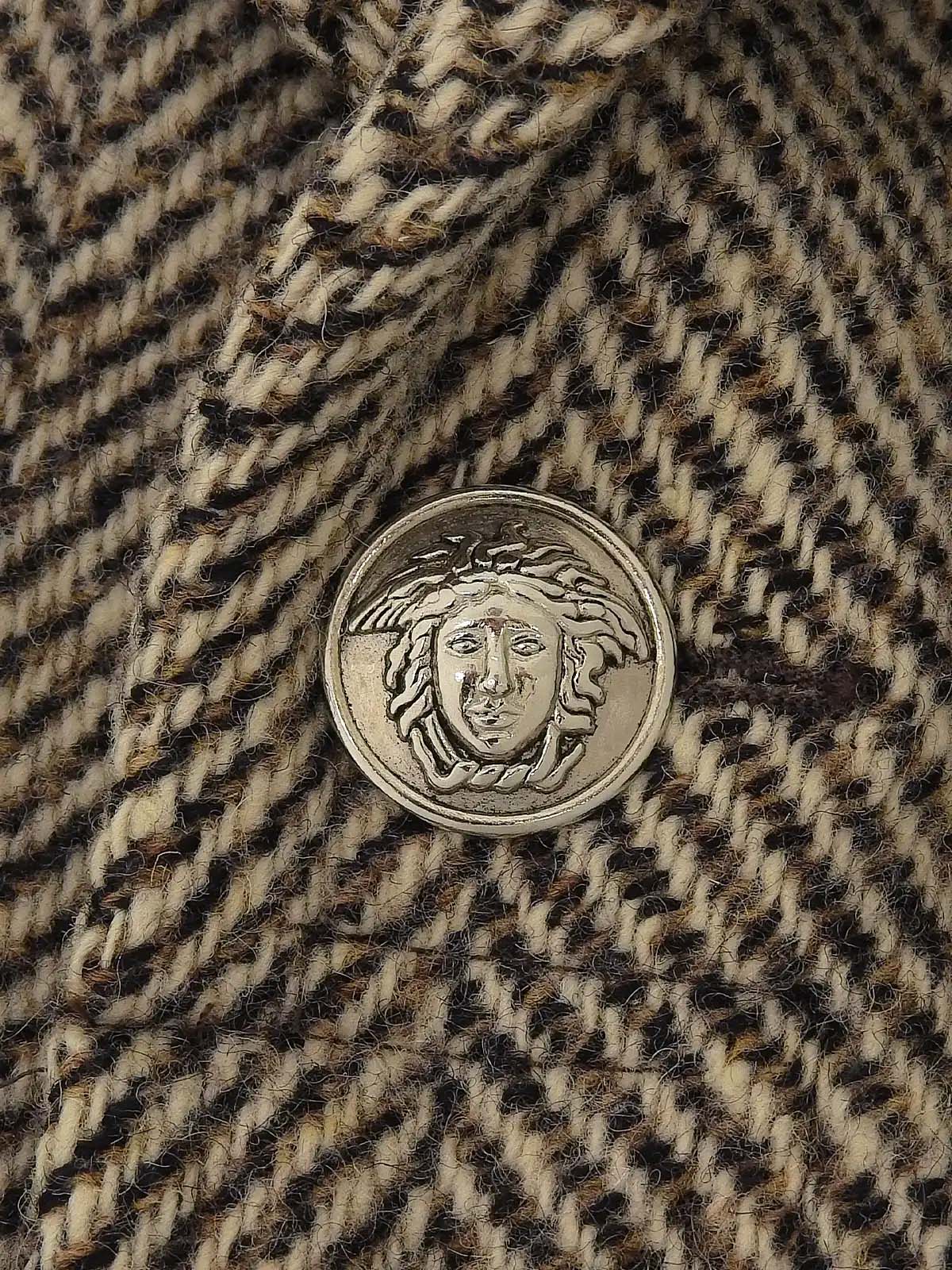 Herringbone Pattern Medusa Button Coat in Beige/Brown