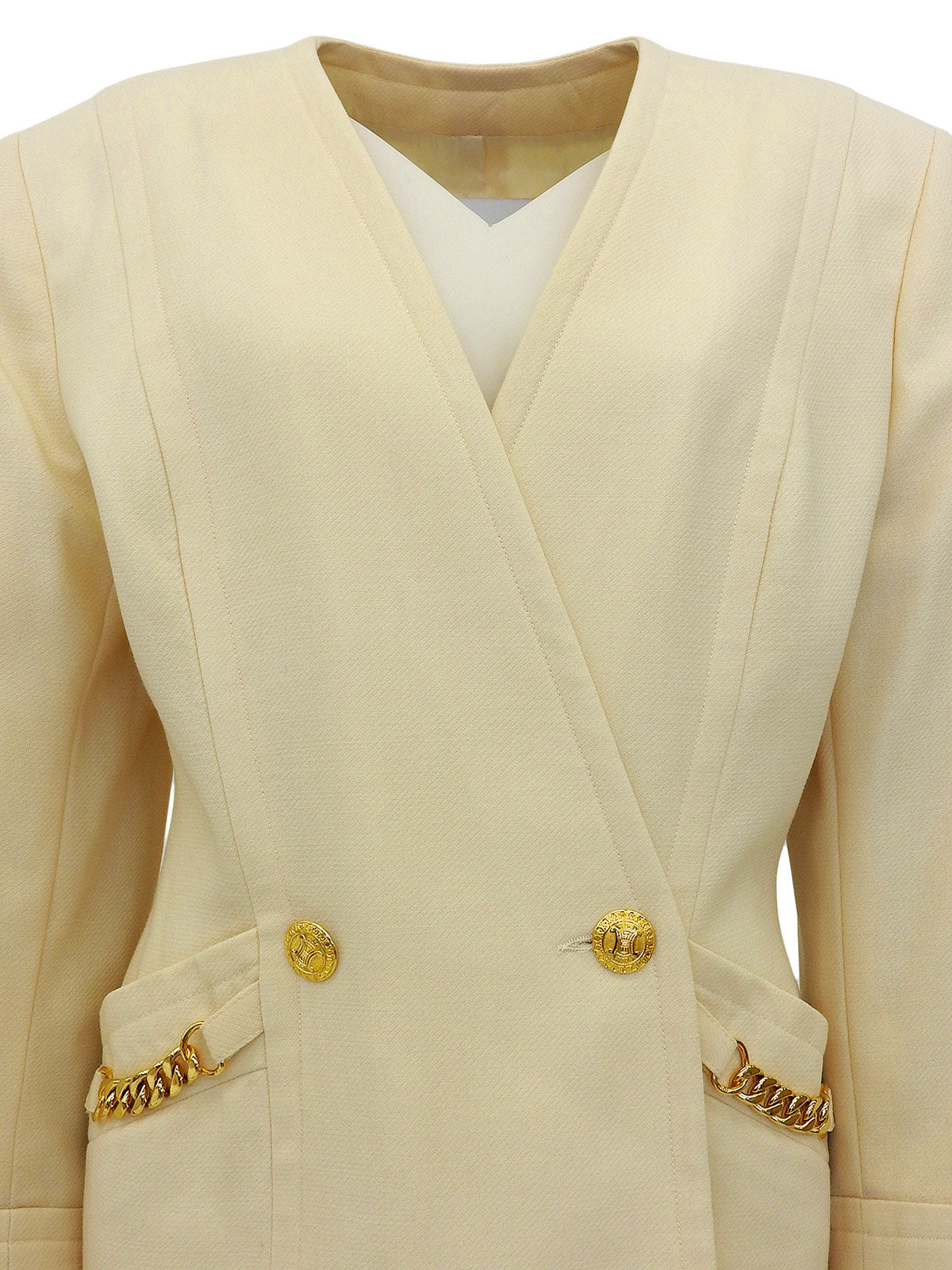 碎花纽扣链条设计无领夹克奶油黄色