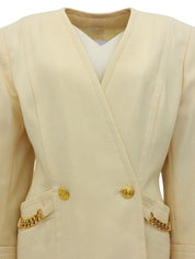 碎花纽扣链条设计无领夹克奶油黄色