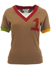 ラスタラインストーンロゴプリントハーフスリーブトップス　ブラウン/マルチ