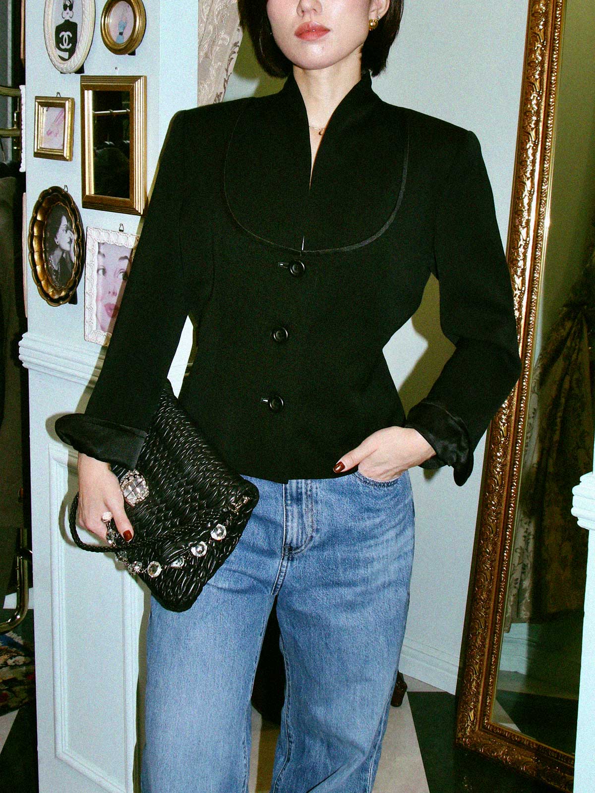 Wool design collarless jacket in black