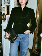 Wool design collarless jacket in black