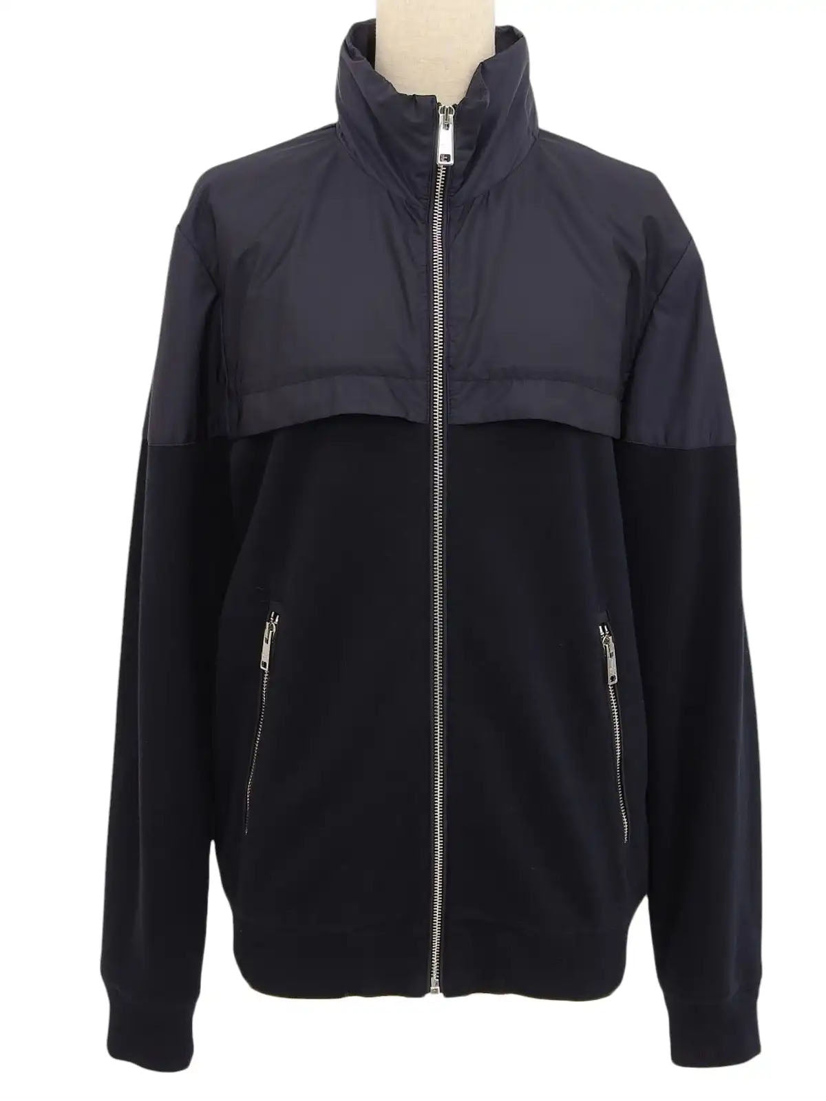 Navy Cotton Nylon Combination Logo Zip-Up Jacket