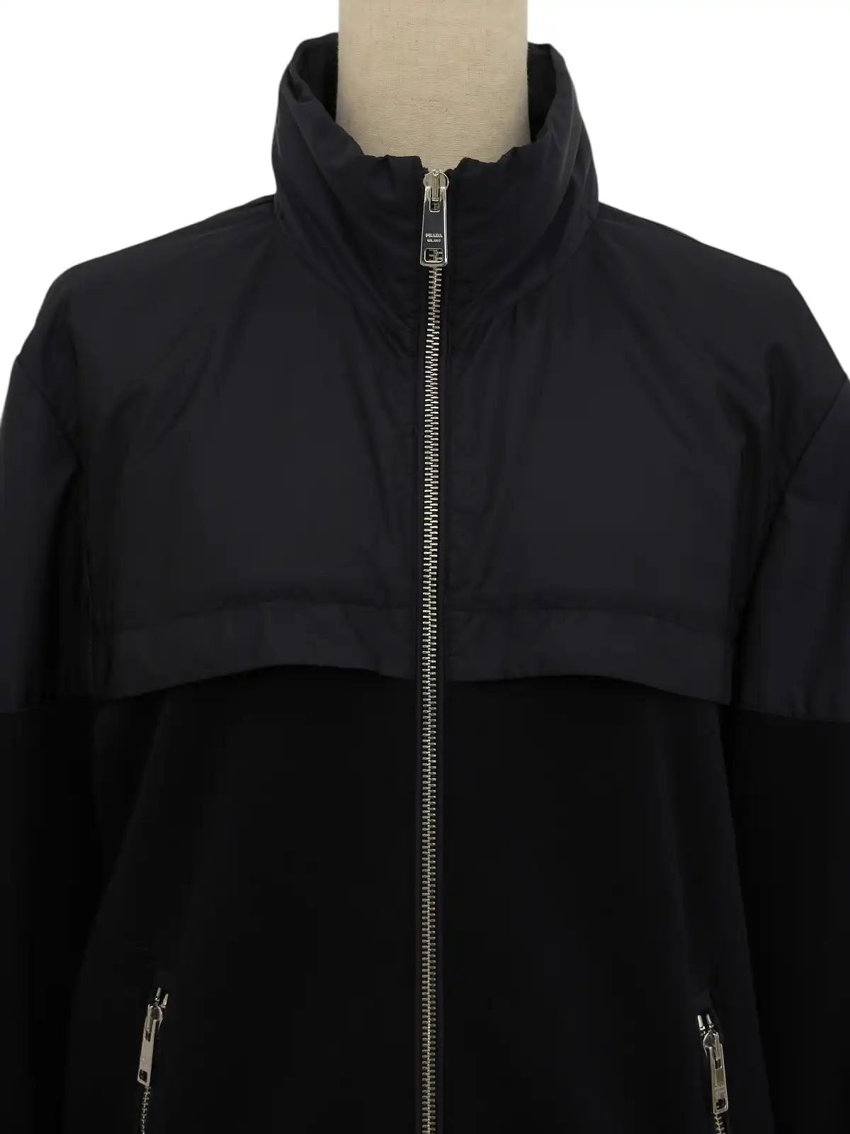 Navy Cotton Nylon Combination Logo Zip-Up Jacket