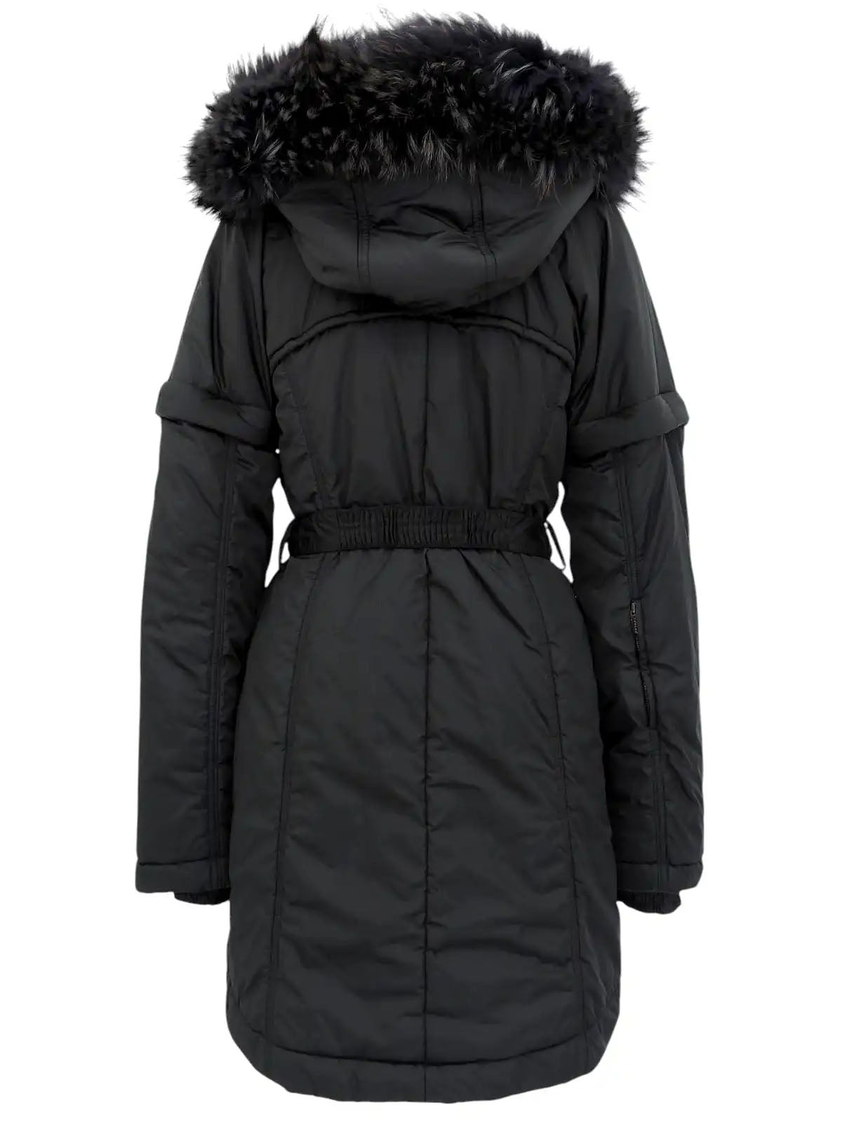 Nylon fur hooded 2-way coat in black