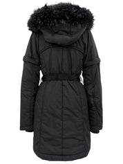 Nylon fur hooded 2-way coat in black