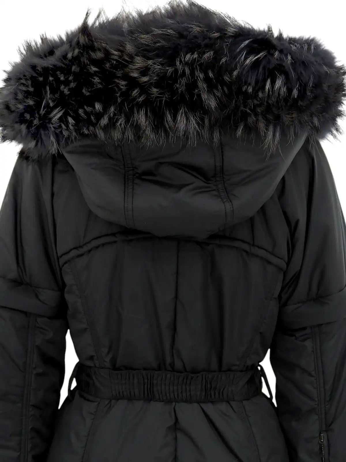 Nylon fur hooded 2-way coat in black