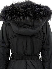 Nylon fur hooded 2-way coat in black