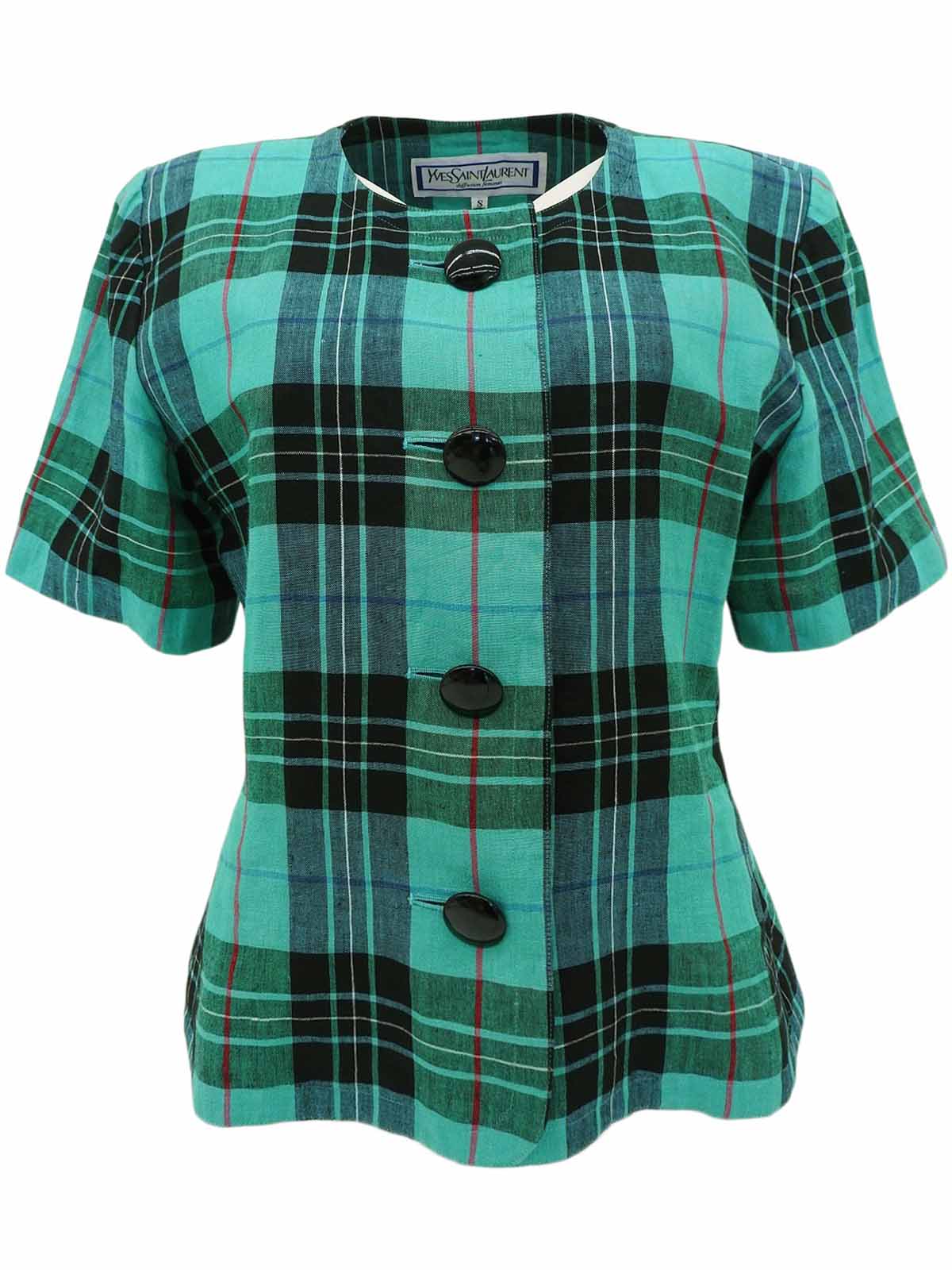 Linen Check Pattern Short Sleeve Jacket in Green/Black/Multi