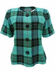 Linen Check Pattern Short Sleeve Jacket in Green/Black/Multi