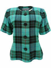 Linen Check Pattern Short Sleeve Jacket in Green/Black/Multi