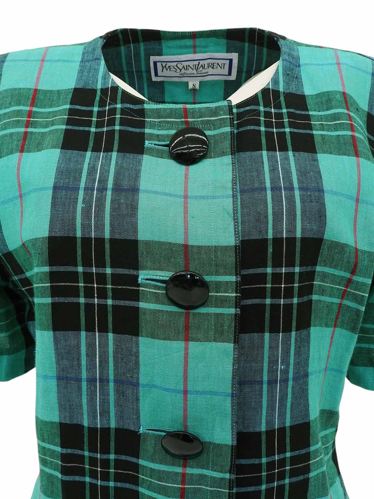 Linen Check Pattern Short Sleeve Jacket in Green/Black/Multi